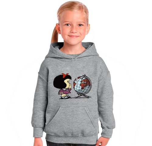 Imagen 4 de 6 de Buzo Gris Capucha Mafalda Globo Mundo Hombre Mujer Niños