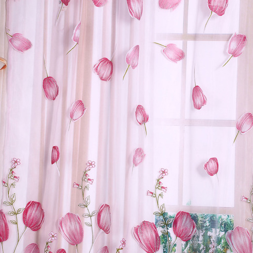 Cortinas De Tul, 100 X 200 Cm, Con Estampado De Tulipanes, C