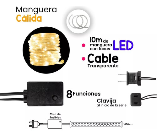 Serie Manguera Navideña Led Luz Calida Amarilla 10 Mts Ext