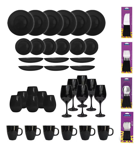 Juego Vajilla 60 Piezas Plato Vaso Copa Cubierto Color Pleno Negro Liso