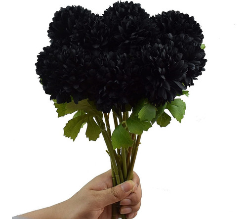 12 Flores Artificiales De Crisantemo Negro Con Tallo 