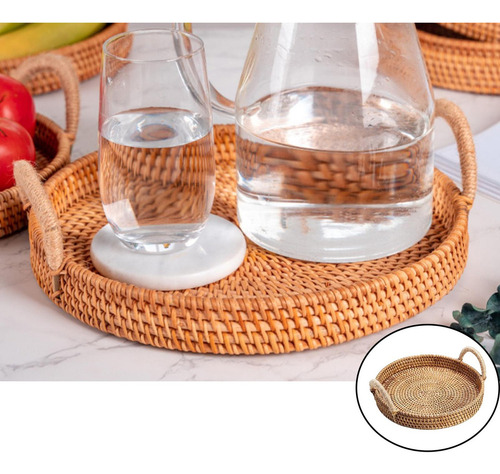 Cesta De Mimbre Tejida A Mano For Comida, Mango Redondo L