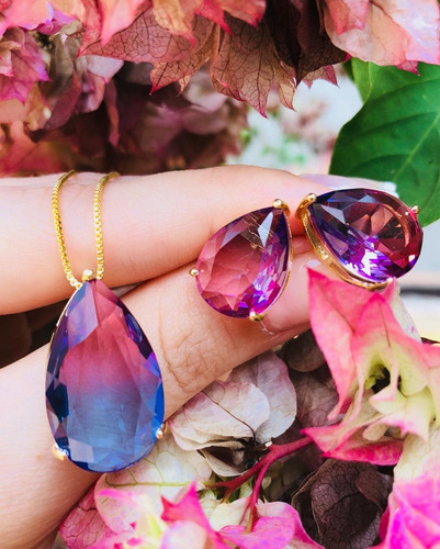 Colar Luxo Pedra Bicolor C/ Brincos Folheados À Ouro 18k