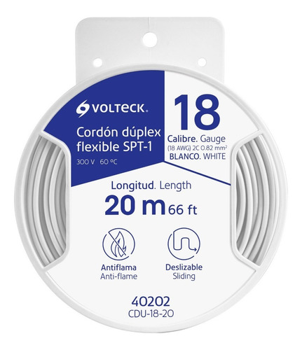 Carrete 20m Cordón Dúplex Flexible Spt 18 Awg, Volteck 40202