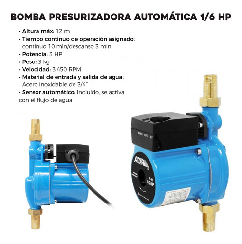 Bomba Presurizadora Automática 1/6 Hp 140 W 127v Adir 1503