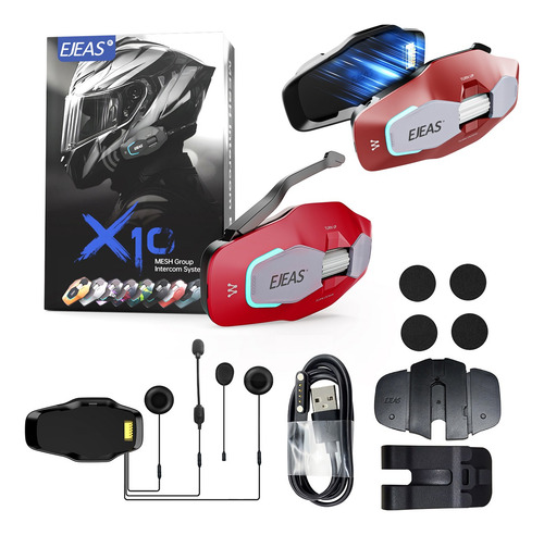 Intercomunicador Ejeas X10 Para Casco Moto Mesh 4.0 Rojo