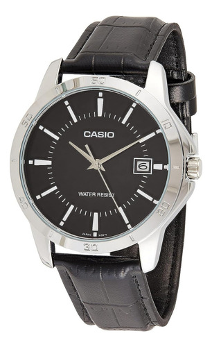 Reloj Casio Mtp-v004l-1audf #mtp-v004l-1a Banda De Cuero D Correa Negro Bisel Acero Inoxidable Fondo Negro