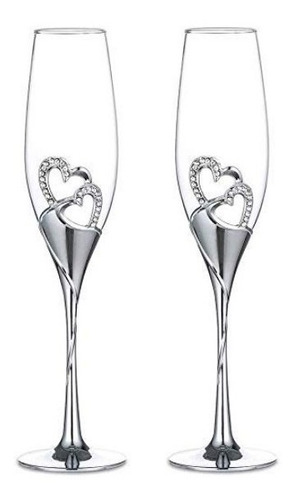 Set 2 Copas Champagne Plata Corazon Brindis Boda Aniversario