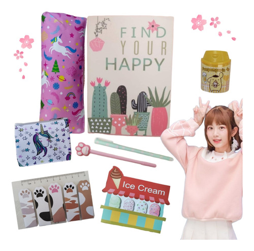 Set De Papelería Cute Kawaii, Libreta Y Accesorios