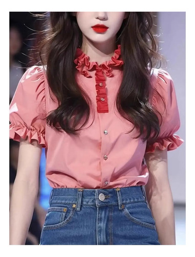 Blusa Rosa Elegante Con Mangas De Burbujas