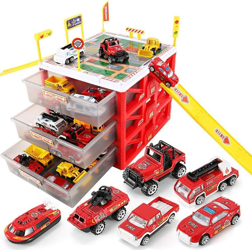 Coche De Aparcamiento Playset Con 6 Coches De Bomberos