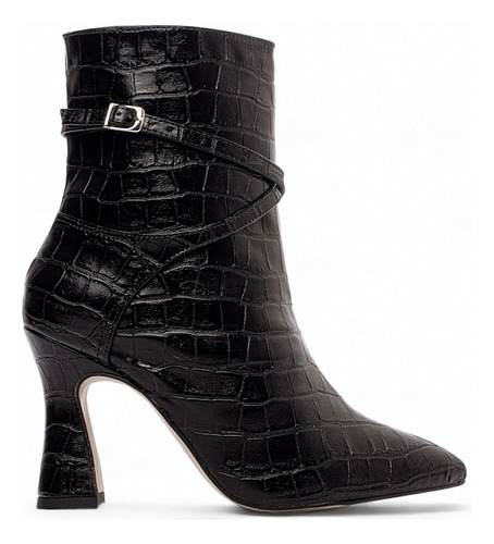 Bota Feminina Croco Bico Fino Cano Médio Salto Ziper Fivela