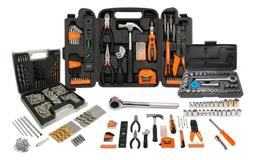 KIT JOGO FERRAMENTAS 469 PEÇAS SOQUETES BROCAS C/ MALETA PRETO