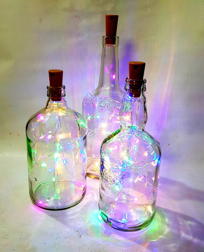 3 Botellas De Vidrio Vacias C/luces Led 2 Mts. Listas P/usar