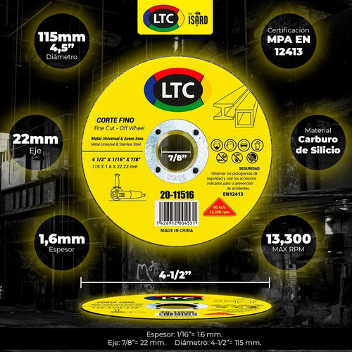Imagen 2 de 9 de Disco De Corte 115 Mm 4 1/2 X 1.6 X 22.23 - 20 Unidades Ltc