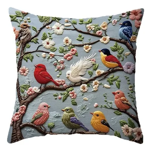 Capa De Almofada De Pelúcia Curta Bordada Para Sofá 45* 45cm Bird