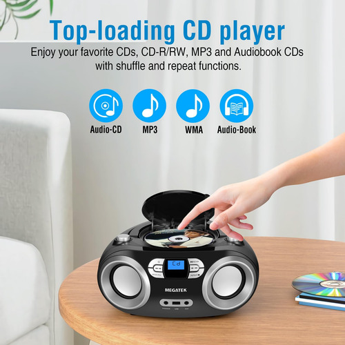 Reproductor De Cd Portátil Megatek Boombox Con Radio Fm, Blu