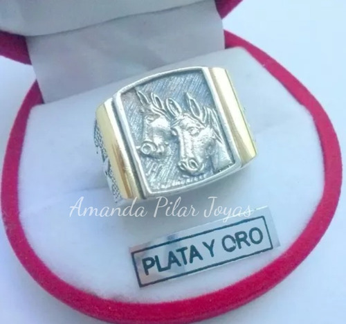 Anillo Hombre Plata Y Oro Caballos 