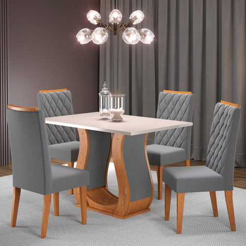 Mesa de Jantar com 4 Lugares Los Angeles Panorama Móveis 73252 Veludo Cinza Tampa Bege Pés Marrom