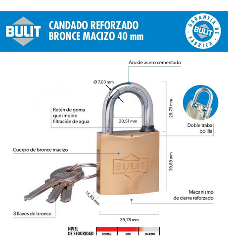 Candado Reforzado Bulit Bronce Macizo Doble Traba 40mm
