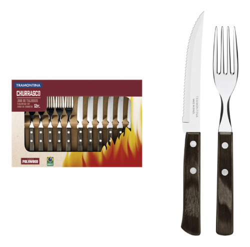 Juego de Cubiertos para Asado Tramontina de Acero Inoxidable con Mango Castaño Polywood 12 piezas 6 tenedores 6 cuchillos