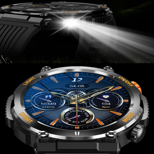 Smartwatch Lepom H17 Redondo Lanterna Real, Bússola, Ligação Caixa Preto Pulseira Preto Bisel Preto Desenho Da Pulseira Tático