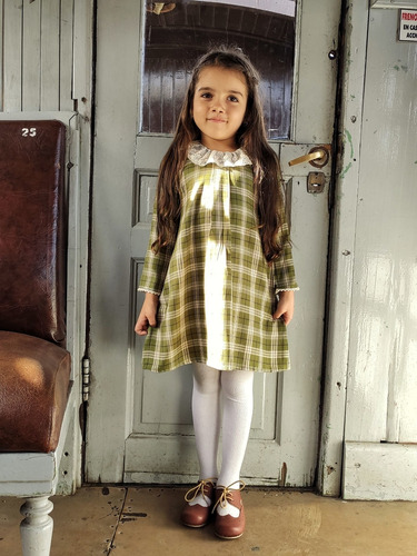 Vestido Escoces Verde Con Puntilla Para Nena