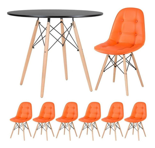 Kit Mesa Jantar Eames 90 Cm E 6 Cadeiras Estofada Botone Cor Mesa Preto Com Cadeiras Laranja