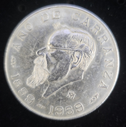 Moneda Cinco Pesos Año De Carranza 1859-1959 De Plata (Usado)