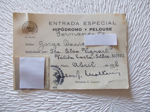 2756a-carnet Entrada Permanente Hipodromo - La Plata 1952  