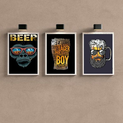 Set de 3 cuadros decorativos para bar Barbearia Beer Boy, 33 x 24 cm