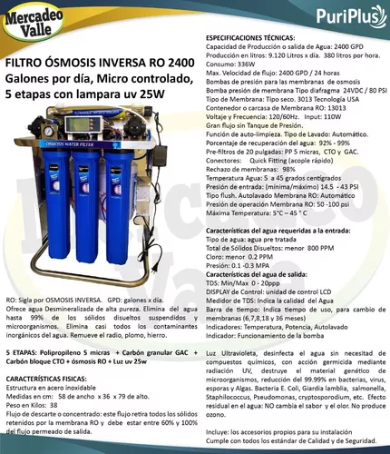 Filtro de agua ósmosis inversa 1600 Galones por día, 5 Etapas con Luz uv  25w y