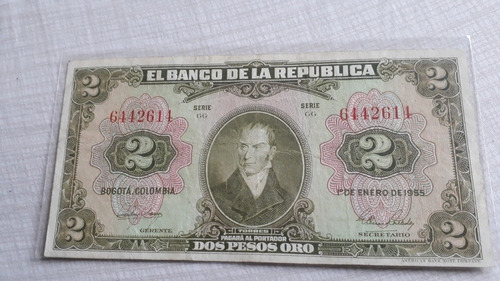 Imagen 1 de 2 de Billete De 2 Pesos De 1955 Con 7 Digitos