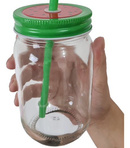 6 Canecas Vidro Tampa Frutas Vidro Mason Jar Melancia 400ml