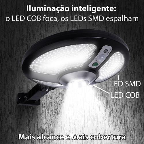 Refletor Holofote Luminaria Led Solar Publica Recarregável 150w Proteção IP66 COB e SMD Sensor De Movimento Cobre Área de 100m² Acionamento Automático 3 Níveis De Luminosidade 6500K Autonomia Até 15h