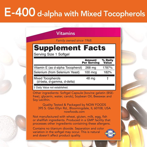 Imagem 3 de 4 de Now Foods Vitamina E-400 Com Tocoferóis Mistos 100 Softgels