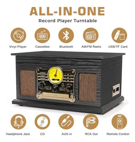Tocadiscos Vintage Bluetooth 10 En 1 Con Altavoces Integrado