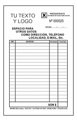20 Talonarios Presupuestos Personalizados Duplicado Numerado