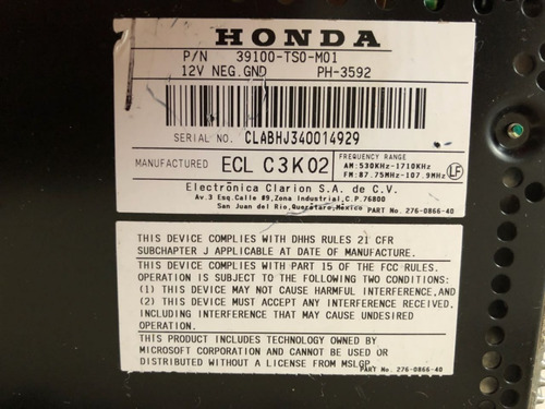 Código Desbloqueio Radio Honda Civic 2012 2013 2014 2015 G9 (Usado)