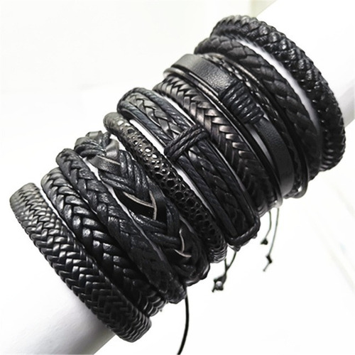 10 Set Manillas Pulsera Brazalete Cuero Negro Hombre Y Mujer