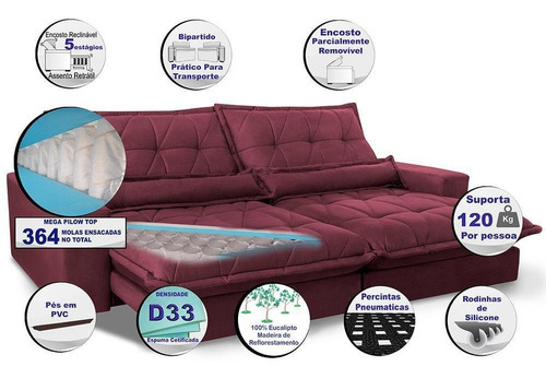 Sofa Retrátil Reclinável Pocket Cama Inbox Soft 3,12 Vinho