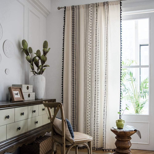 Cortinas De Ventana De Algodón Linentassel Negro Bolsillo Bo