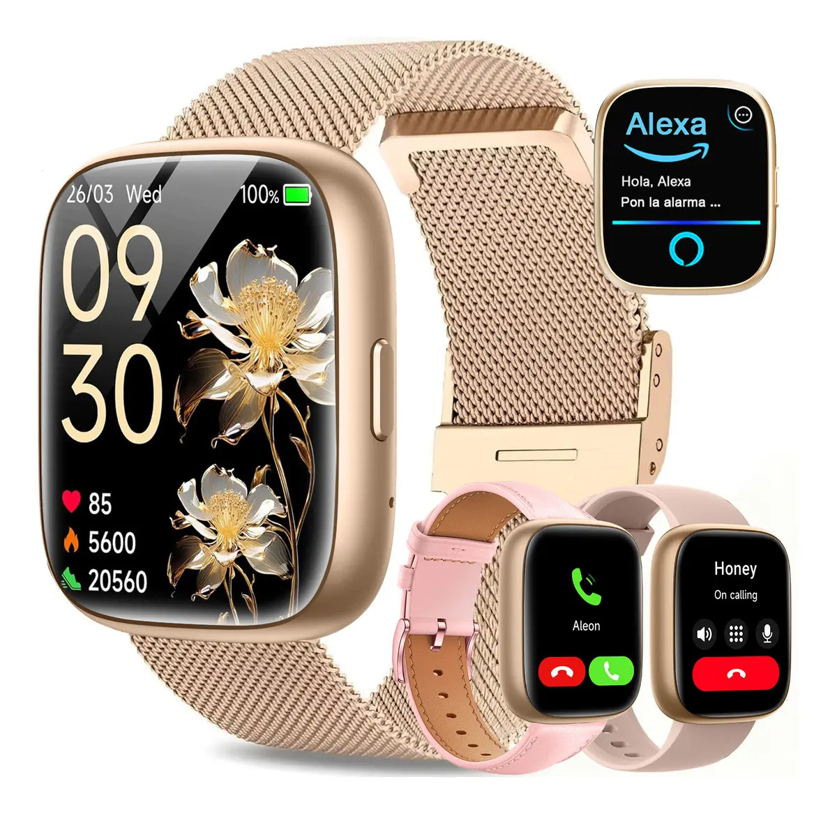 Imagen de Smartwatch Aitafy G11 Dorado para Mujer de 1.85" con Alexa, Llamadas y 3 Correas