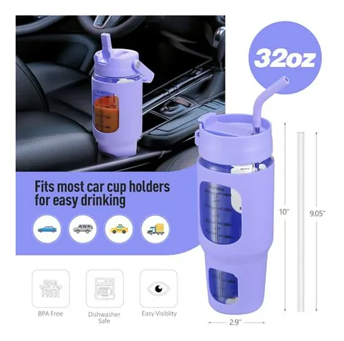 Vaso De Vidrio 32oz Con Popote Y Tapa, Bpa Free, Morado
