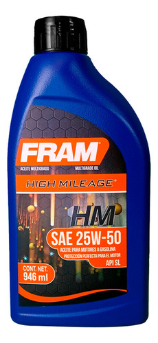Aceite Especial Vehículos Alto Kilometraje 25w50 Fram 946 Ml