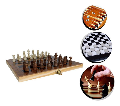 Imagem 2 de 5 de Jogo De Xadrez Dama Gamão Tabuleiro Dobrável Madeira 30x30cm
