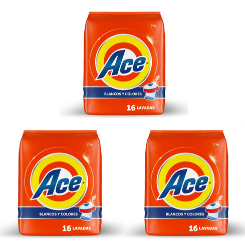 3 Pack Ace Detergente Ropa En Polvo Blancos Y Color 2 Kg