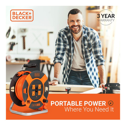 Black+decker Retractable Extension Cord Reel 75 Ft Con 4 De