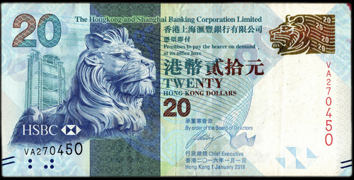 Hong Kong, 20 Dollars, 2016. P#212c. Hsbc. Vf+ (Usado)