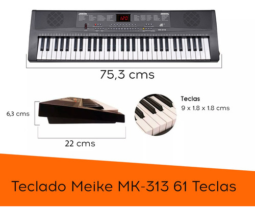 Teclado Órgano Musical Meike Mk313 61 Teclas Lcd Negro